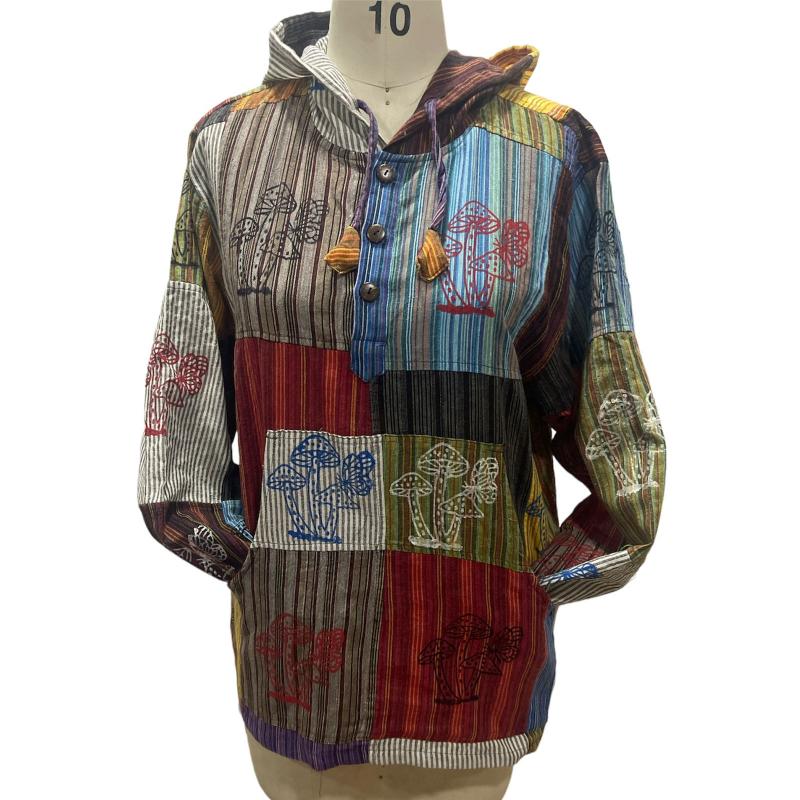 Cotton Patchwork Mushroom/Butterfly Button up Hooded Pullover