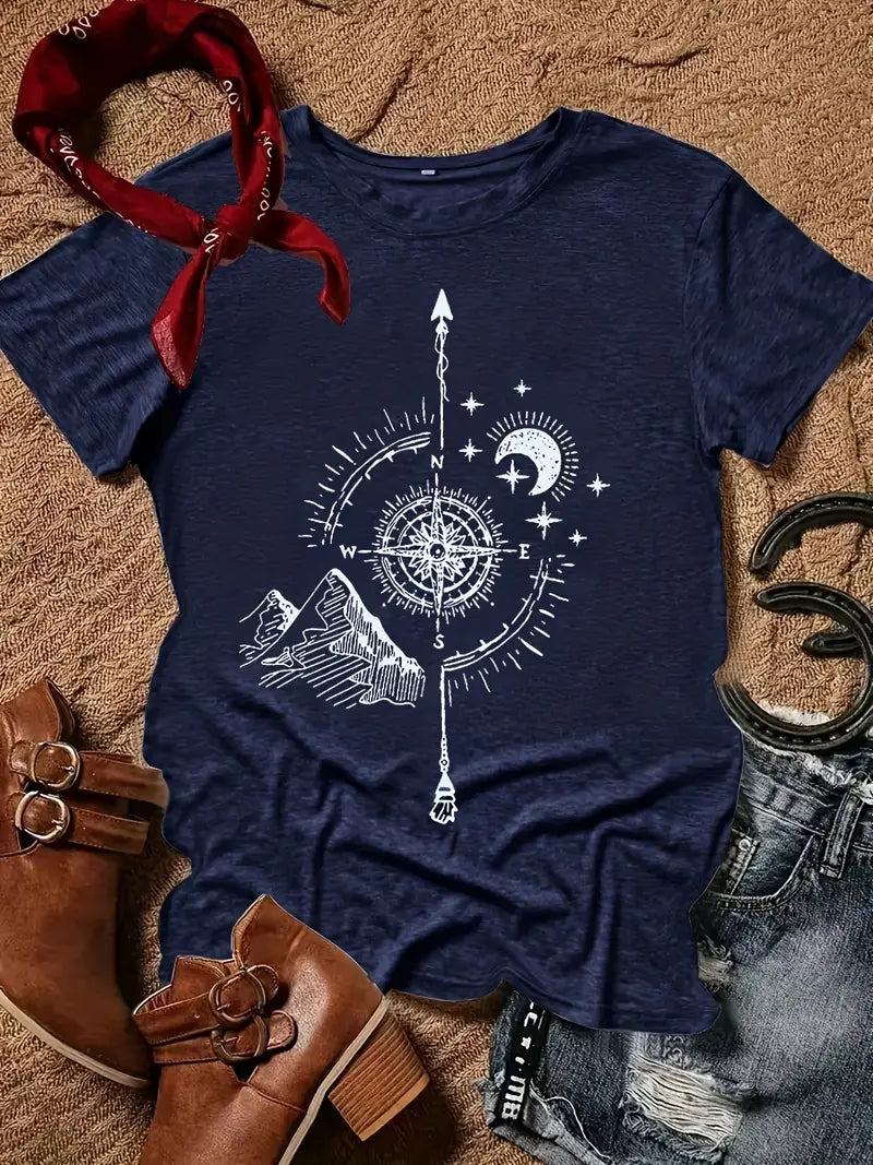 Sea Blue Compass Print T-Shirt