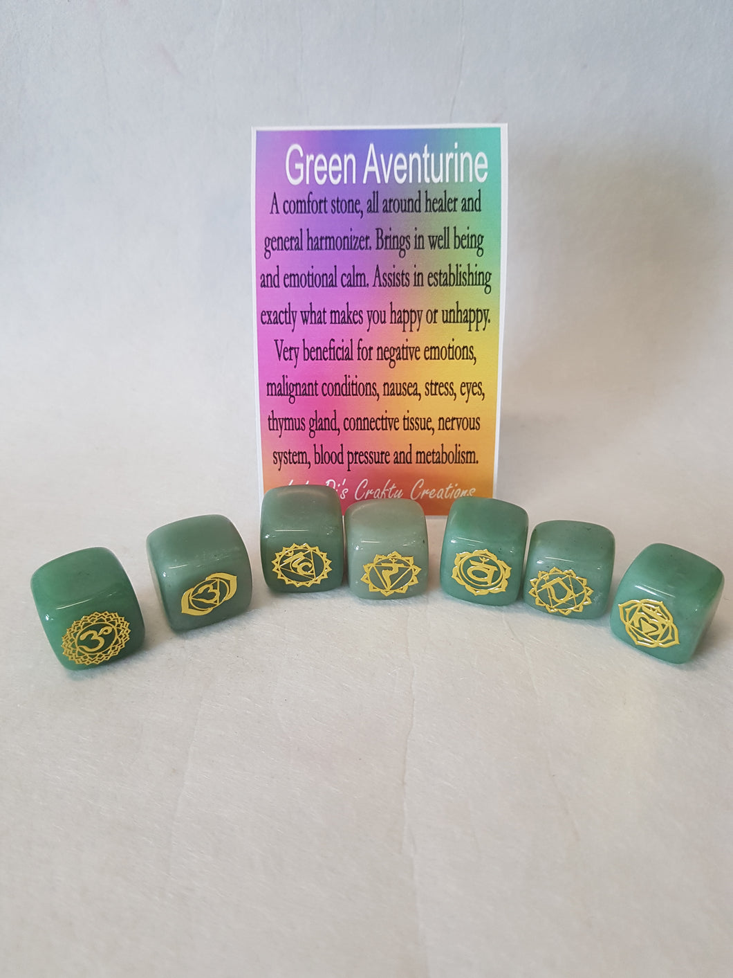 Green Aventurine Cube With Chakra Symbols