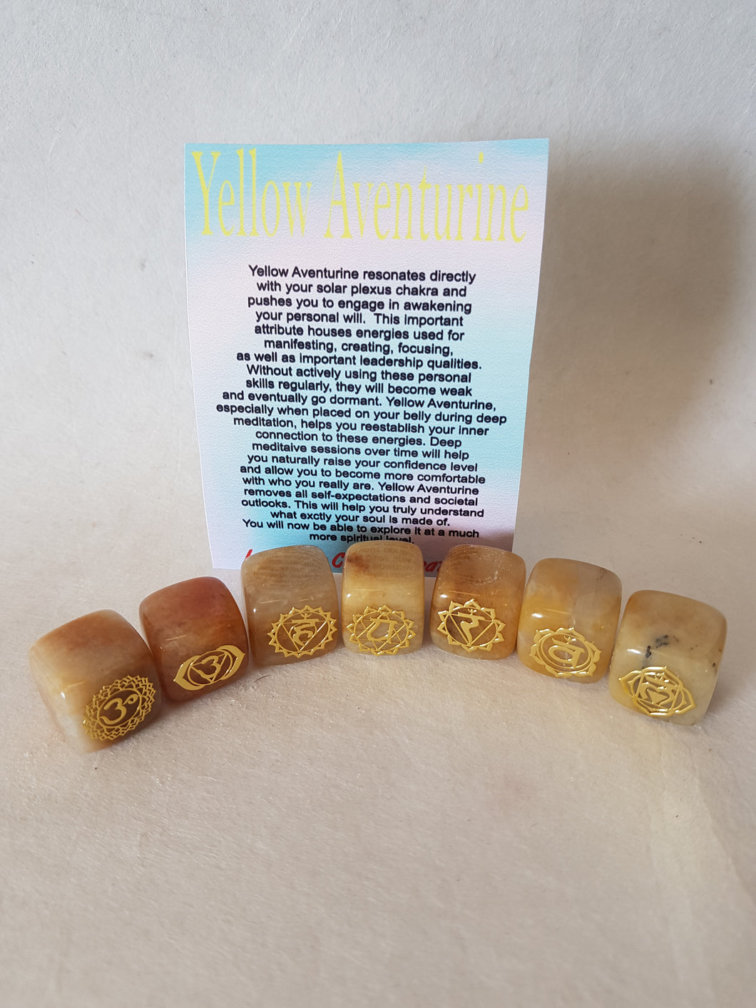 Yellow Aventurine Cubes With Chakra Symbols